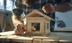 Carpintero ensambla un tejado de madera para una casita, mostrando cómo hacer un tejado con vigas de madera y tejas.