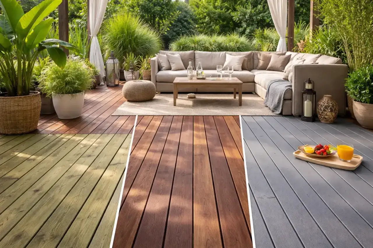 Comparativa de acabados para colocar suelo de madera sobre vigas: verde, marrón y gris.