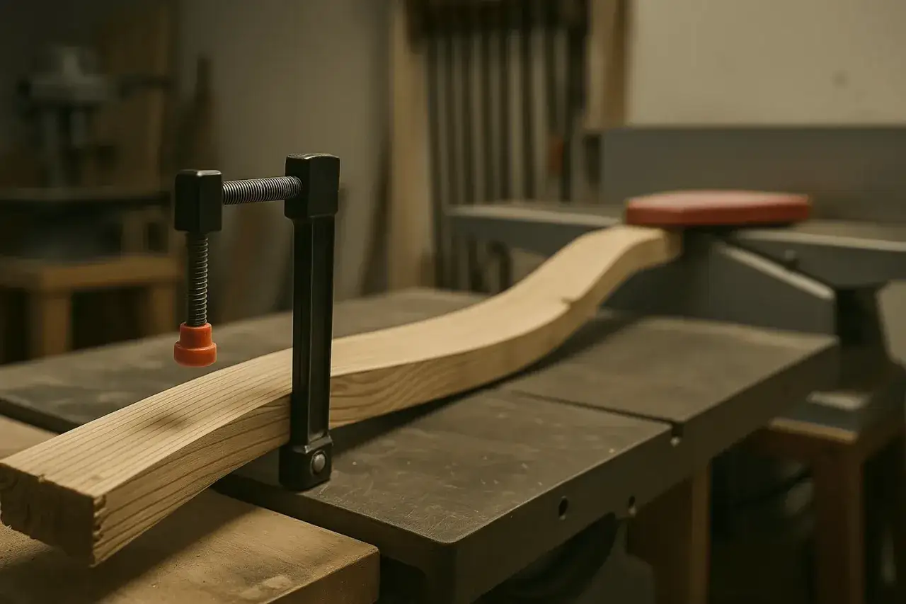 Abrazadera sujetando madera curva sobre una sierra de mesa, un paso para como enderezar madera.