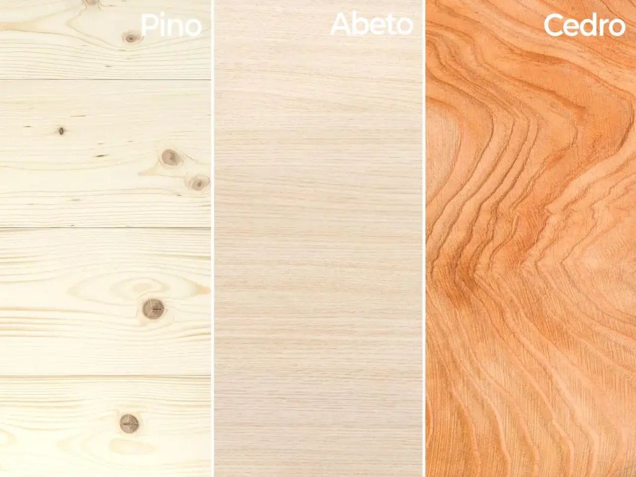Comparaci&oacute;n visual de la textura de la madera: abeto vs pino y cedro. El pino muestra nudos, el abeto es liso y el cedro tiene vetas marcadas.