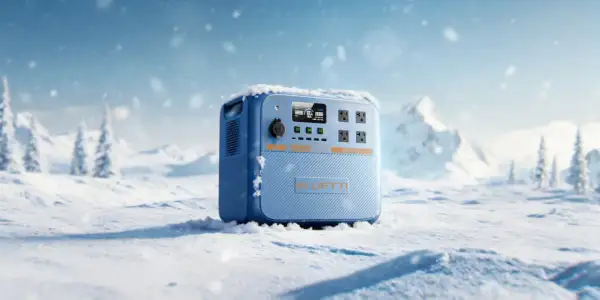 Estación de energía portátil BLUETTI en la nieve, con baterías de sodio listas para la aventura.