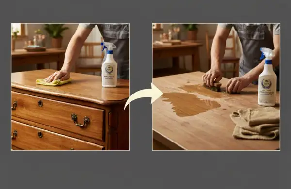 Demostración de cómo limpiar muebles de madera: un lado muestra un mueble pulido, el otro, el proceso de limpieza con cepillo y producto.