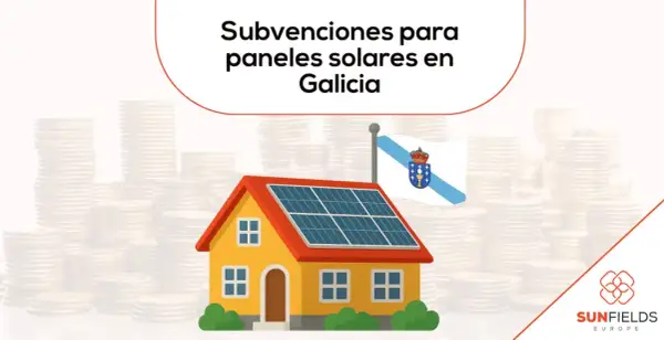 Casa con paneles solares y bandera de Galicia. Montones de monedas sugieren subvenciones para placas solares en Galicia.