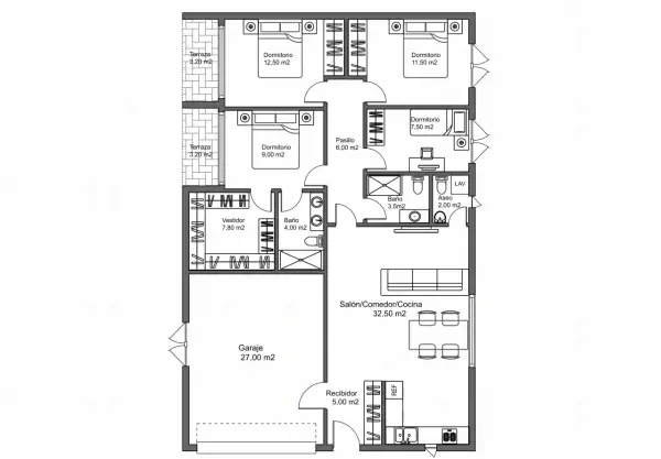 Planos de casas de 150m2 en una planta con garaje. Incluye 4 dormitorios, 2 baños, vestidor, terrazas y salón-comedor-cocina.